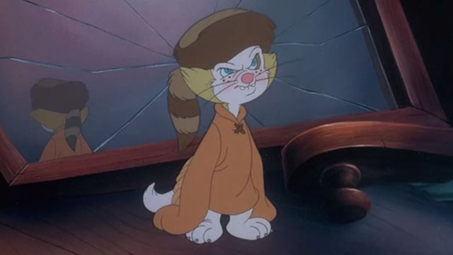 Rock-a-Doodle - Edmund cartoon cat wearing Davy Crockett style clothes and coonskin cap