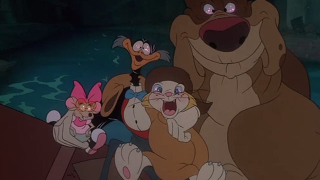 Rock-a-Doodle - Edmund cartoon cat mouse Peepers dog Patou and bird Snipes eyes glow as they see the big city