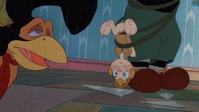 Rock-a-Doodle - Edmund cartoon cat tied up looking at rooster Chanticleer