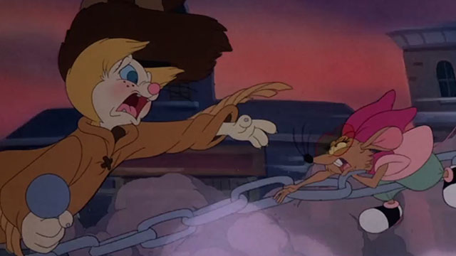 Rock-a-Doodle - Edmund cartoon cat trying to reach mouse Peepers on speeding car
