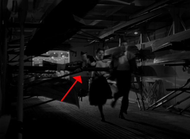 Roman Holiday - tuxedo kitten watching Audrey Hepburn and Gregory Peck run through boat shed