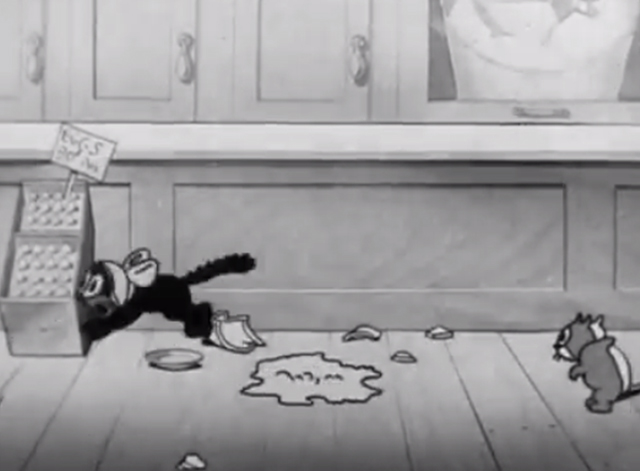 Rough on Rats - cartoon Mama cat running away after breaking pitcher leaving three kittens