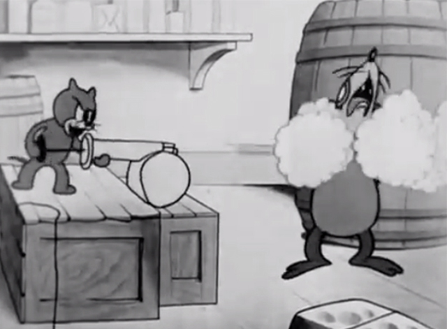 Rough on Rats - cartoon kitten spraying giant rat with poison