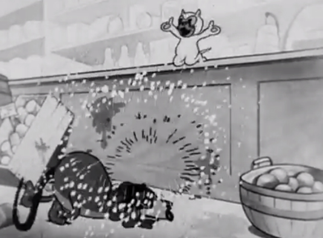 Rough on Rats - cartoon kitten throwing stuff down on giant rat