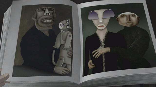 Ruben Brandt, Collector - painting in book of dog with wooden cat puppet