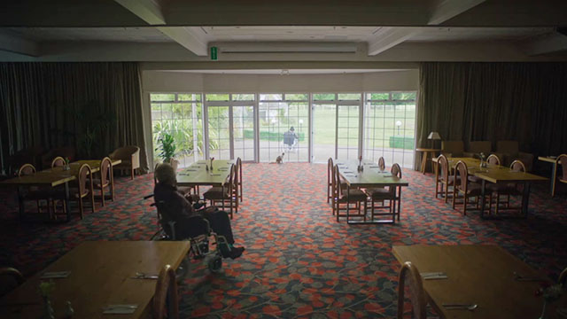 The Rule of Jenny Pen - Judge Mortensen Geoffrey Rush in wheelchair approaching longhair calico cat Pluto Marbles by window