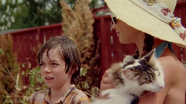 The Sandlot 2 - Hayley Samantha Burton holding longhair tabby and white cat Miss Susan B. with Johnnie Smalls James Wilson