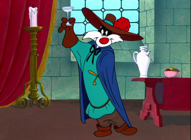 The Scarlet Pumpernickel - cartoon black and white cat Sylvester as The Grand Duke holding glass of wine