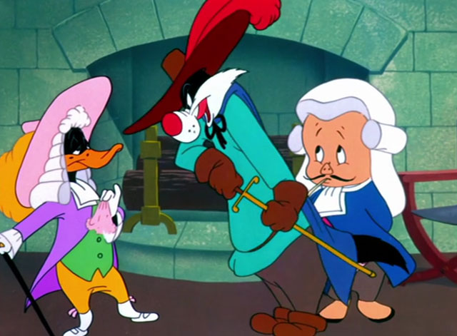 The Scarlet Pumpernickel - cartoon black and white cat Sylvester as The Grand Duke confronting Daffy Duck in disguise with Porky Pig Lord High Chamberlain