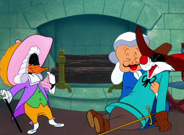 The Scarlet Pumpernickel - Daffy Duck in disguise as cartoon black and white cat Sylvester as The Grand Duke laughs with Porky Pig Lord High Chamberlain