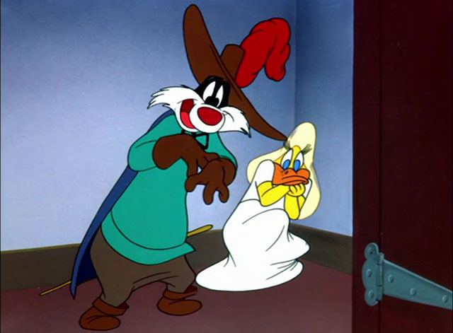 The Scarlet Pumpernickel - cartoon black and white cat Sylvester as The Grand Duke with cornered Melissa