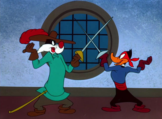 The Scarlet Pumpernickel - cartoon black and white cat Sylvester as The Grand Duke swordfighting with Daffy Duck