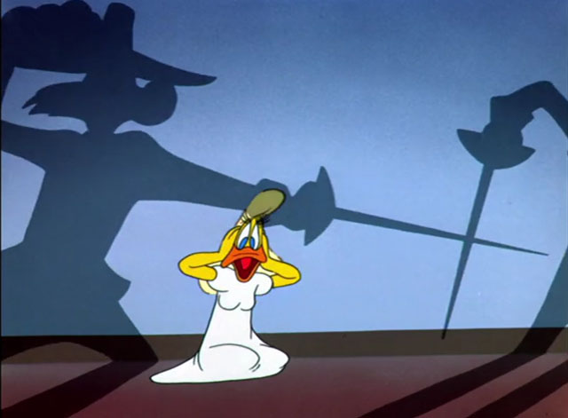 The Scarlet Pumpernickel - shadows of cat Sylvester and Daffy Duck swordfighting as Melissa screams
