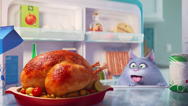 The Secret Life of Pets - gray tabby Chloe eyeing turkey in refrigerator