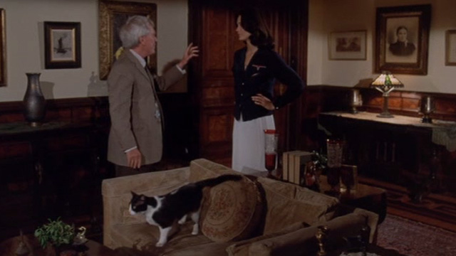 The Sentinel - Charles Chazen Burgess Meredith with Alison Parker Cristina Raines and tuxedo cat Jezebel on sofa