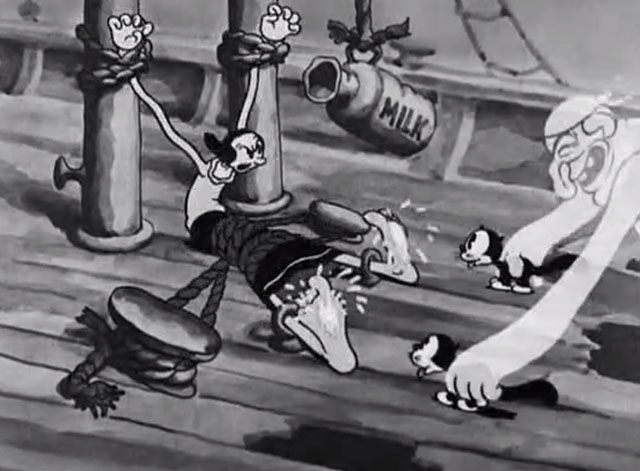 Shiver Me Timbers - Olive Oyl tied to ship deck with milk dripping on feet and ghost setting down little black cartoon cats