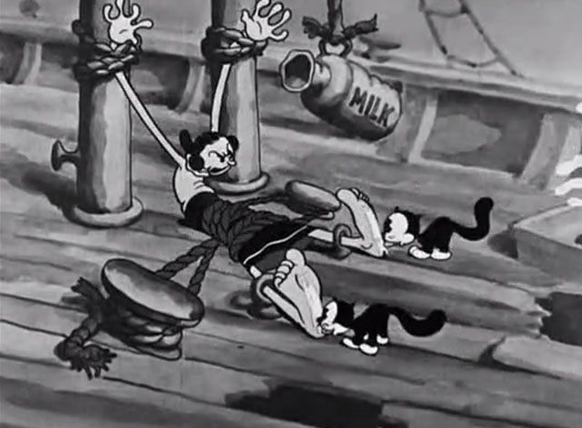 Shiver Me Timbers - Olive Oyl laughing while tied to ship deck with milk dripping on feet with little black cartoon cats licking them