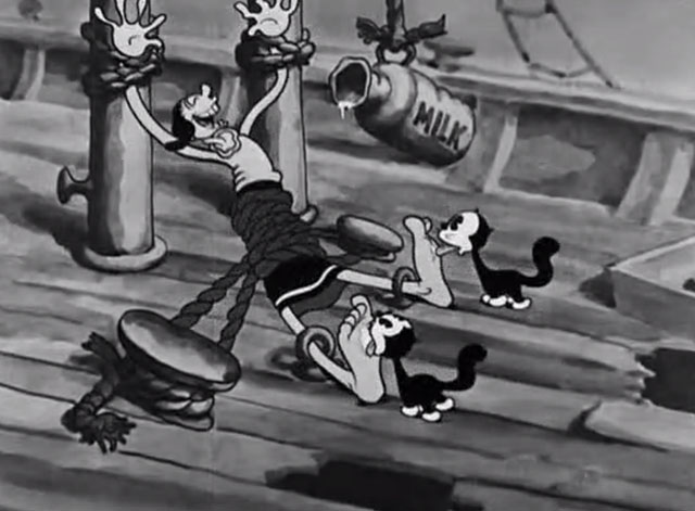 Shiver Me Timbers - Olive Oyl laughing while tied to ship deck with milk dripping on feet with little black cartoon cats licking them