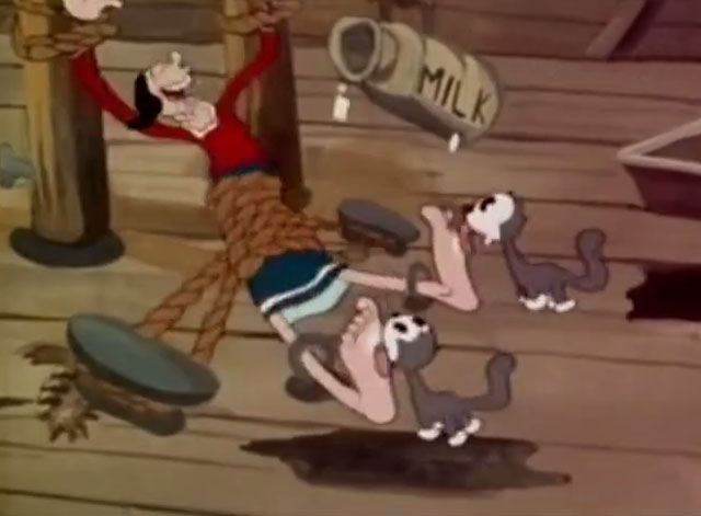 Shiver Me Timbers - Olive Oyl laughing while tied to ship deck with milk dripping on feet with little gray cats licking them in color