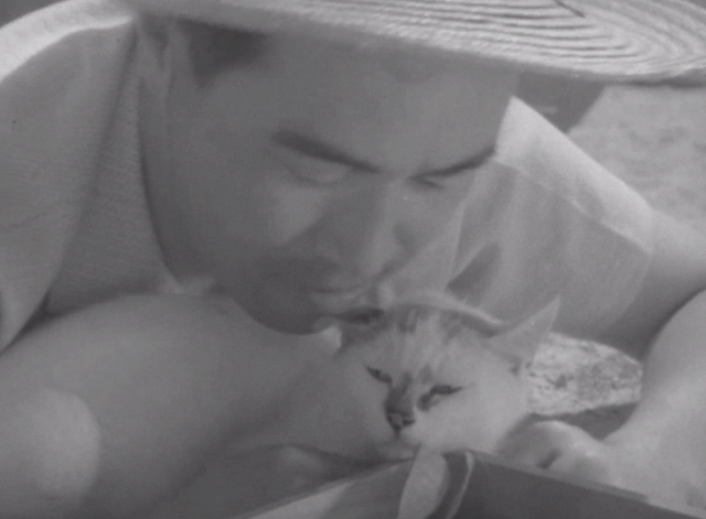 Shozo, a Cat and Two Women - Shozo Hisaya Morishige with white and calico cat Lily close