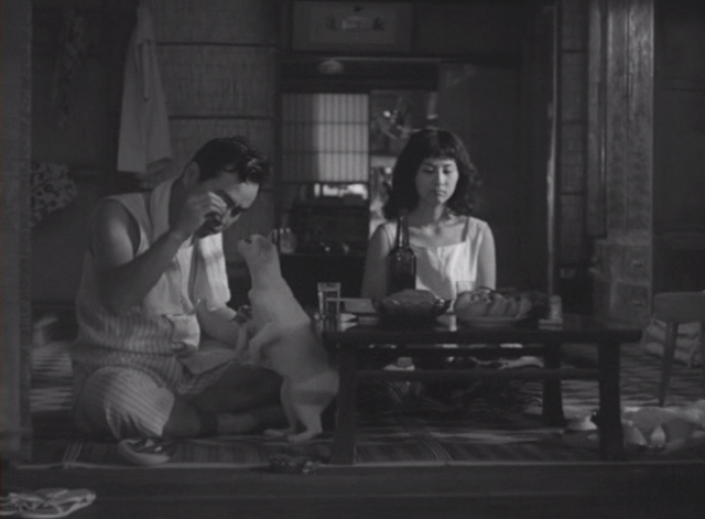 Shozo, a Cat and Two Women - Shozo Hisaya Morishige feeding white and calico cat Lily at table with Fukoko Kyôko Kagawa watching