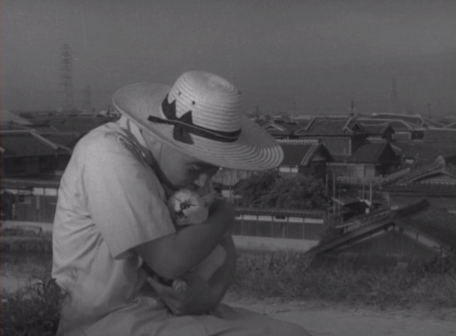 Shozo, a Cat and Two Women - Shozo Hisaya Morishige hugging white and calico cat Lily as she cries out