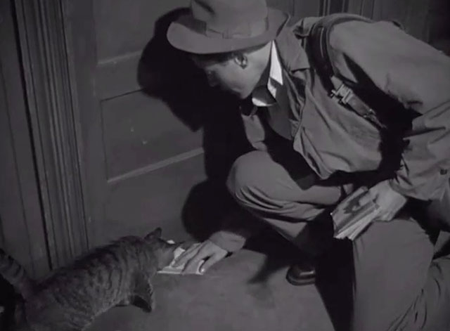 Side Street - Joe Farley Granger petting tabby cat by door