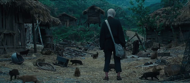 Silence - Rodrigues Andrew Garfield standing in deserted village full of cats