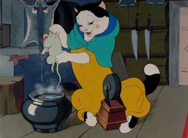 The Silly Little Mouse - cartoon black and white cat preparing to boil mouse child