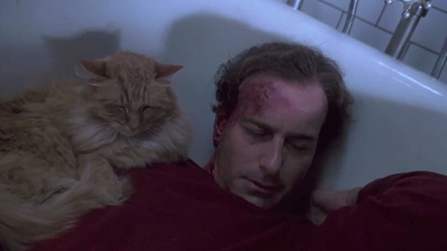 Single White Female - Graham Peter Friedman lying unconscious in bathtub with long haired ginger tabby cat Carmen