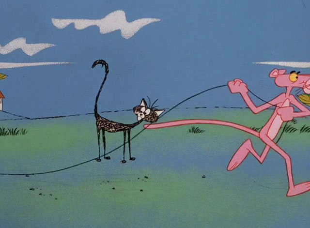 Sky Blue Pink - cartoon black cat watching Pink Panther dragging yarn