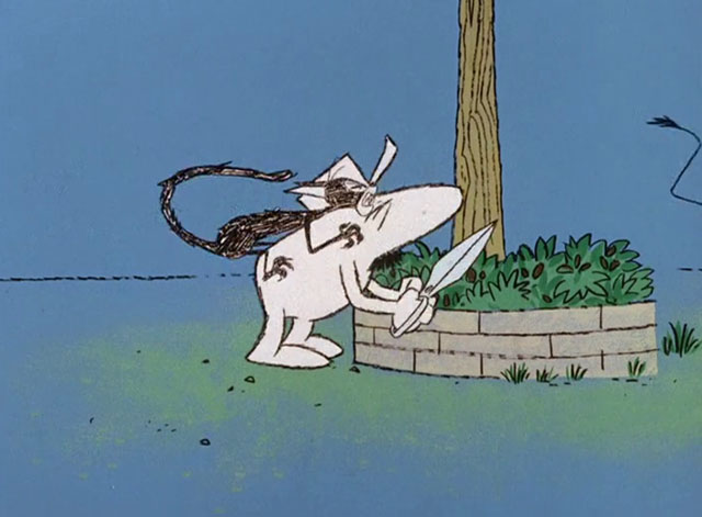 Sky Blue Pink - cartoon black cat digging claws into back of pointy nose man