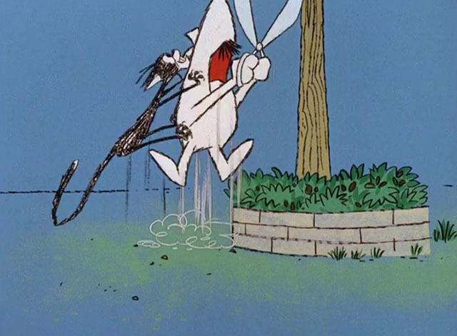 Sky Blue Pink - cartoon black cat clinging to back of pointy nose man as he leaps into the air