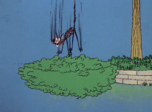 Sky Blue Pink - cartoon black cat falling back down into broken branches