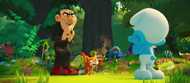 Smurfs - Gargamel and orange and white cat Azrael looking at lone Smurf