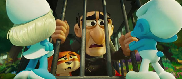 Smurfs - Gargamel with orange and white cat Azrael in cage with Smurfette and No Name