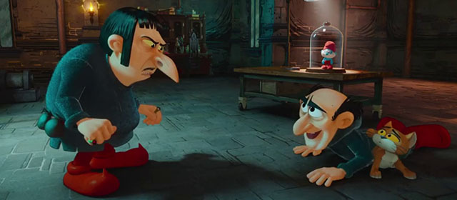 Smurfs - wizard Razamel looking at Gargamel on floor with orange and white cat Azrael
