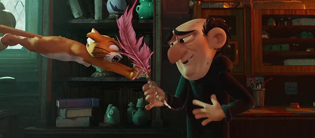 Smurfs - Gargamel looking at quill as orange and white cat Azrael lunges at it