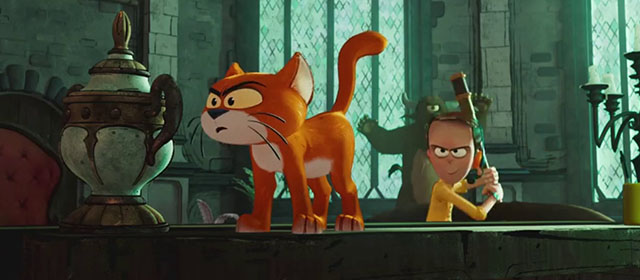 Smurfs - orange and white cat Azrael about to be hit by telescope held by intern Joel