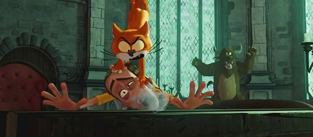 Smurfs - orange and white cat Azrael jumping on head of intern Joel