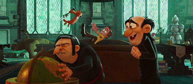 Smurfs - Gargamel and Razamel talking as orange and white cat Azrael attacks intern Joel in background