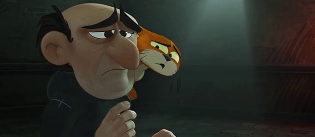 Smurfs - Gargamel looking sad with sympathetic orange and white cat Azrael on shoulder