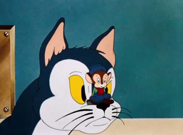 Sniffles Bell the Cat - blue and white cartoon cat with mouse Sniffles on his nose