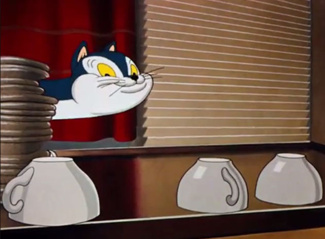 Sniffles Bell the Cat - blue and white cartoon cat eyeing teacups