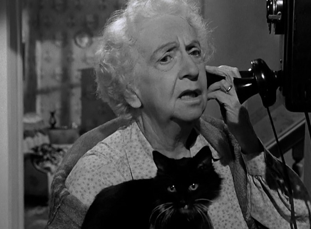 The Sniper - landlady Mabel Paige on phone with tuxedo cat Asa