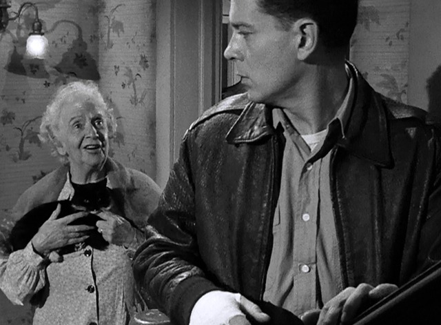 The Sniper - landlady Mabel Paige and tuxedo cat Asa talking to Eddie Arthur Franz