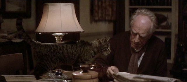 Snow Falling on Cedars - Nels Max von Sydow with brown tabby cat