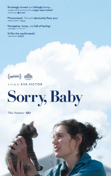 Sorry, Baby - Agnes Eva Victor holding up gray tabby kitten Olga Noochie on movie poster