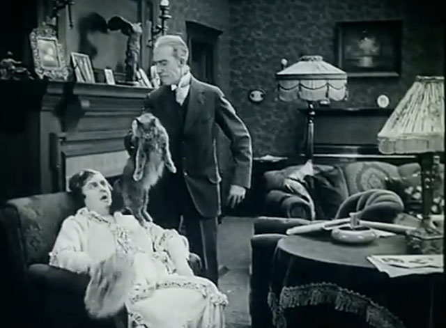 The Soul of Youth - Mr. Hodge Fred Huntley picking up longhair gray cat Babe by scruff over Mrs. Hodge Sylvia Ashton