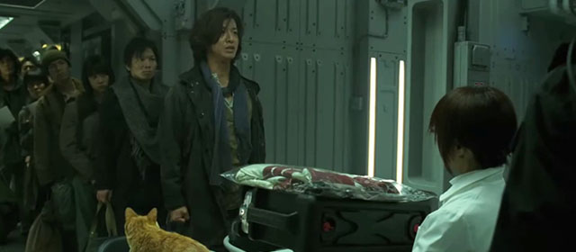 Space Battleship Yamato - Dr. Sado Reiko Takashima looking up at Kodai Takuya Kimura with ginger and white tabby cat on table